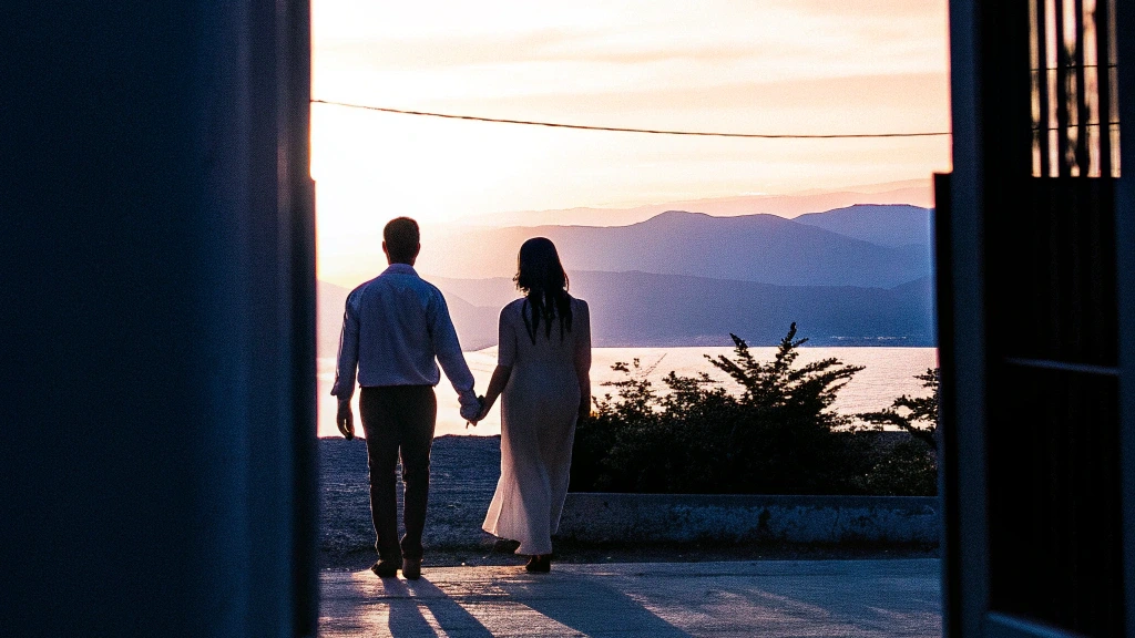 Votre histoire, racontée comme un film Couple de mariés marchant main dans la main vers un paysage au coucher du soleil, symbole d’un film de mariage cinématographique et intemporel